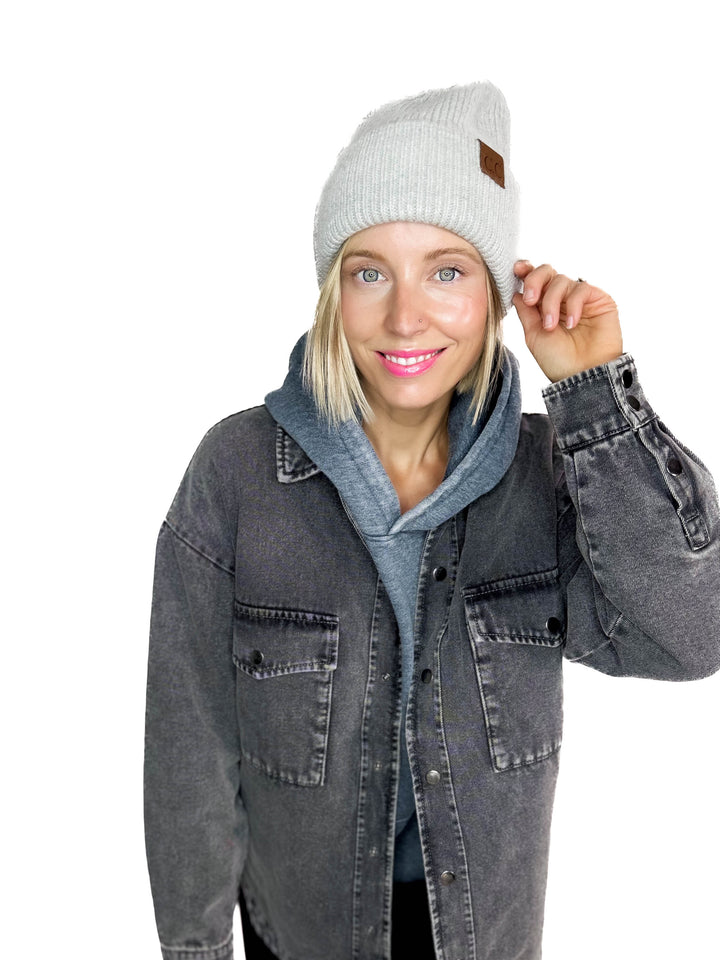 CC Ribbed Double Cuff Beanie- LT GREY