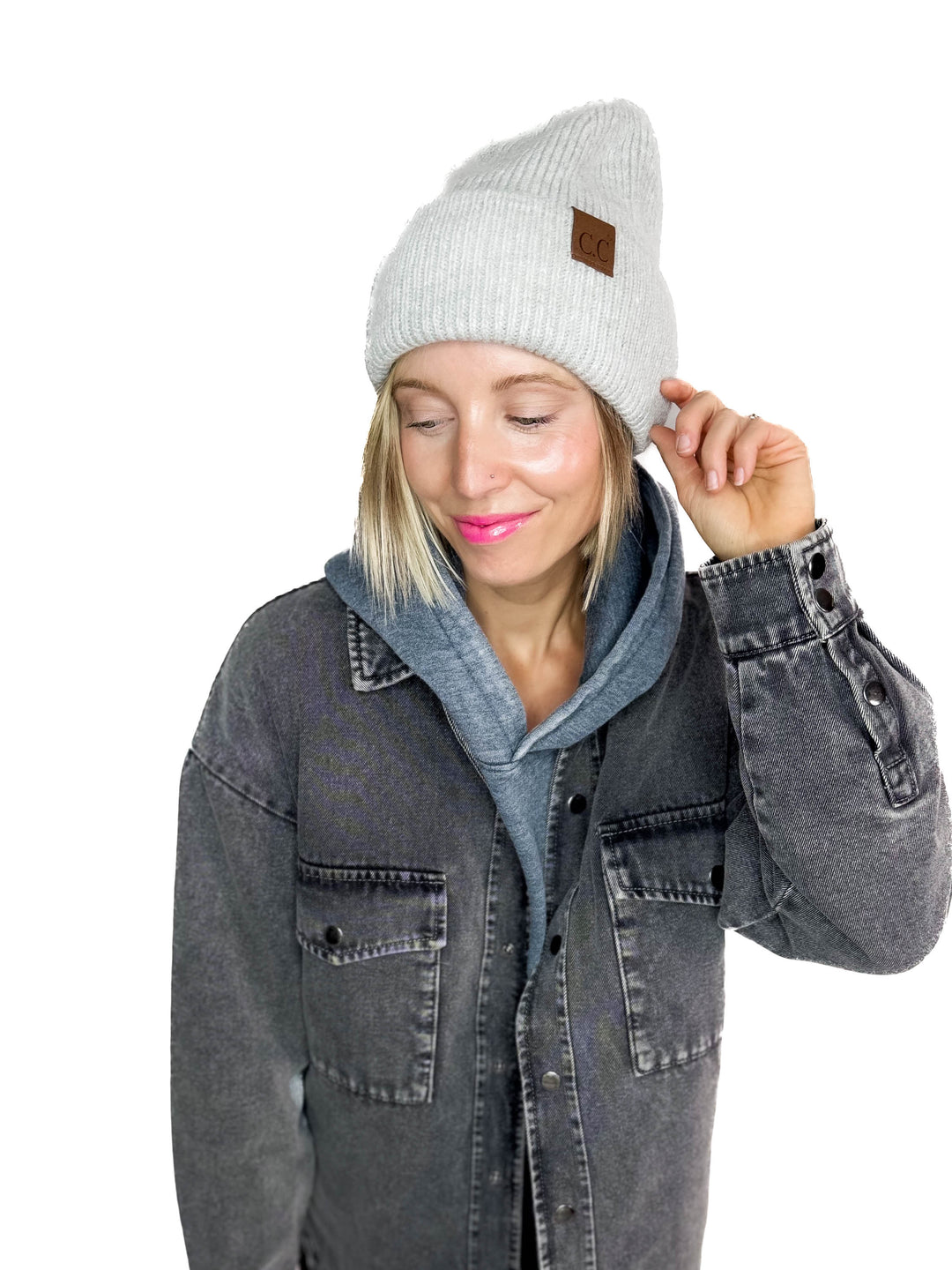 CC Ribbed Double Cuff Beanie- LT GREY