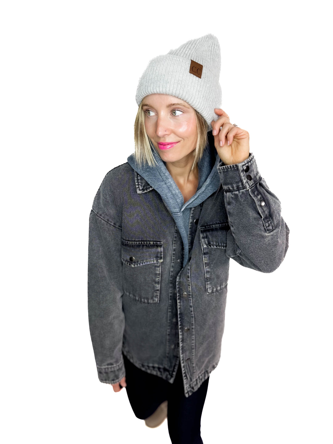 CC Ribbed Double Cuff Beanie- LT GREY