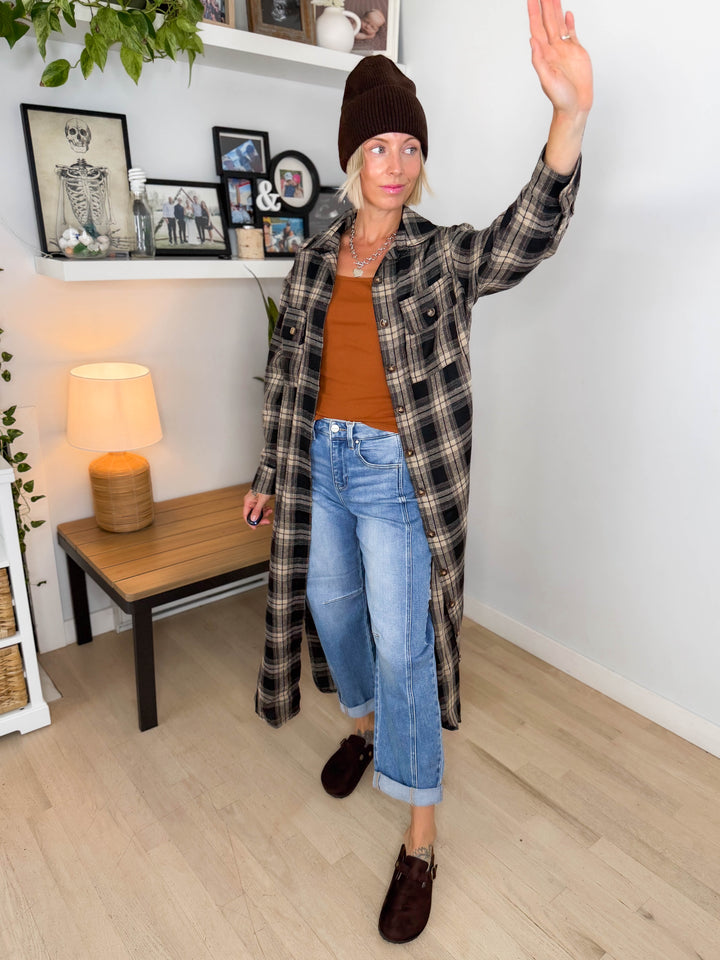 Jovie Plaid Duster- BLACK & TAN