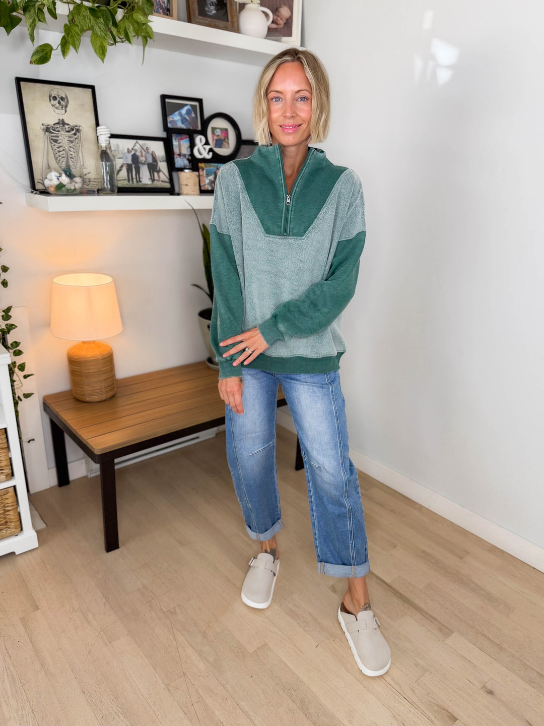 Jordana Mixed Fleece 1/4 Zip Sweatshirt- TEAL GREEN