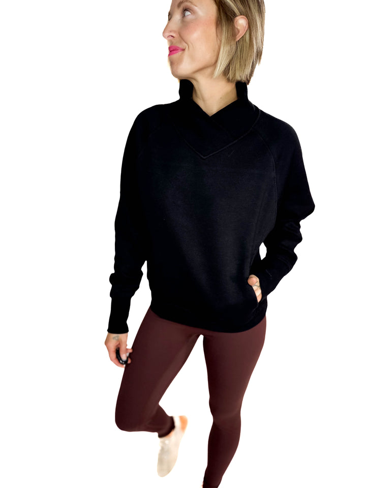 MONO B Heartline Fleece Mock Neck Sweater- BLACK