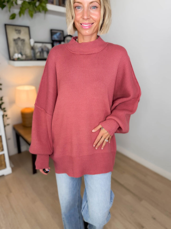 Frosted Pines Oversized Side Slit Sweater- WINTER ROSE