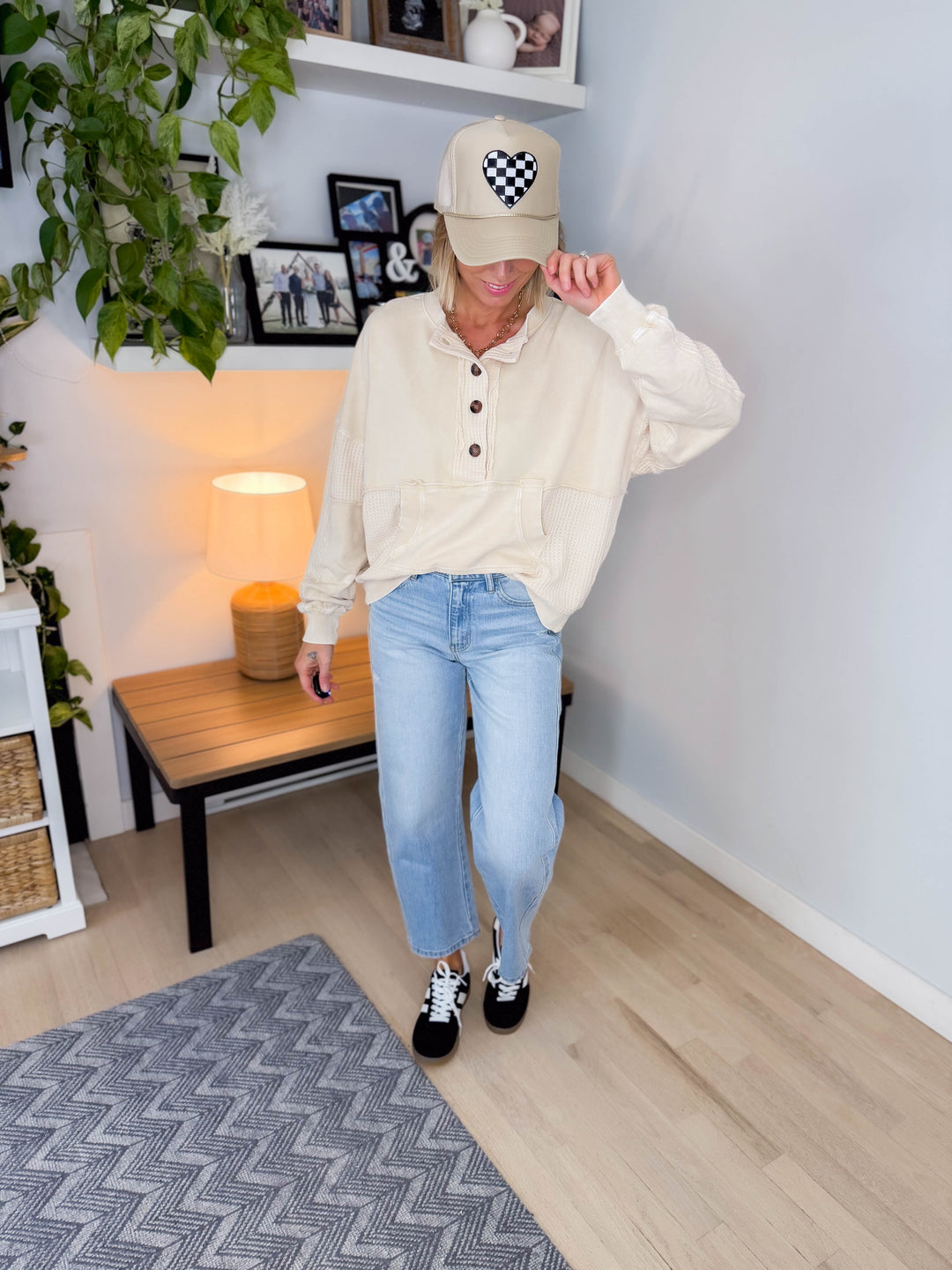 Checkered Heart Patch Trucker Hat- KHAKI