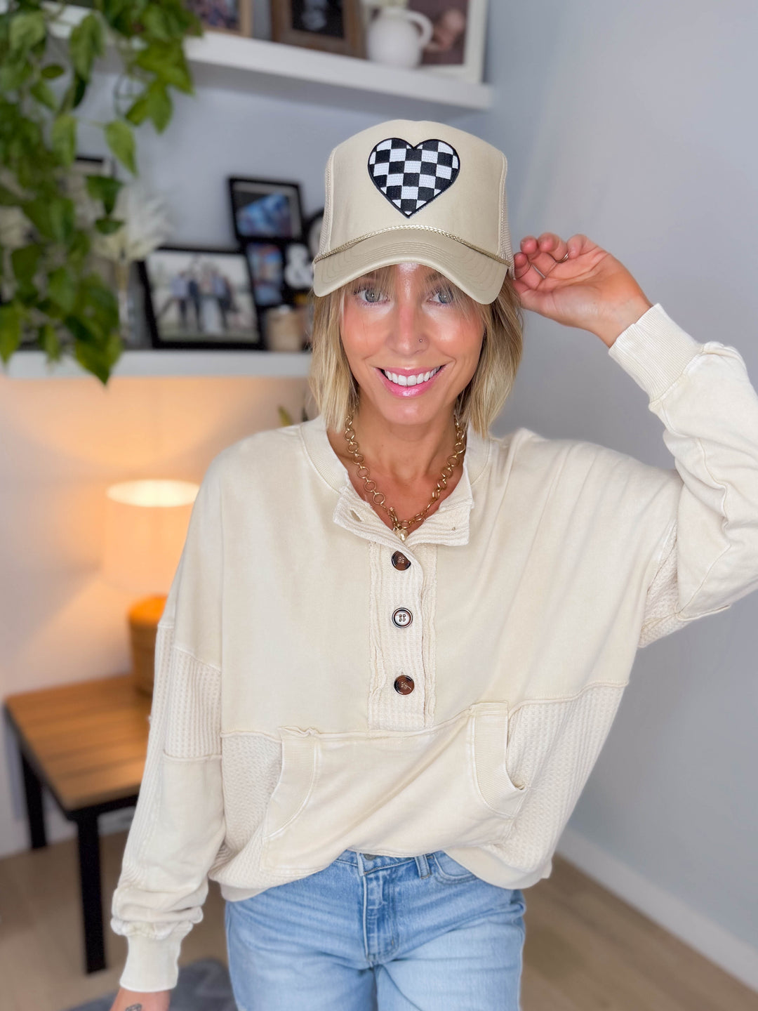 Checkered Heart Patch Trucker Hat- KHAKI