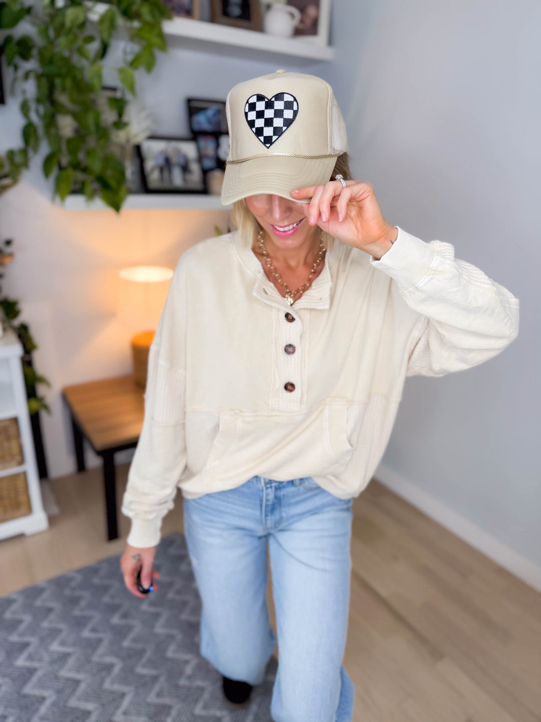 Checkered Heart Patch Trucker Hat- KHAKI