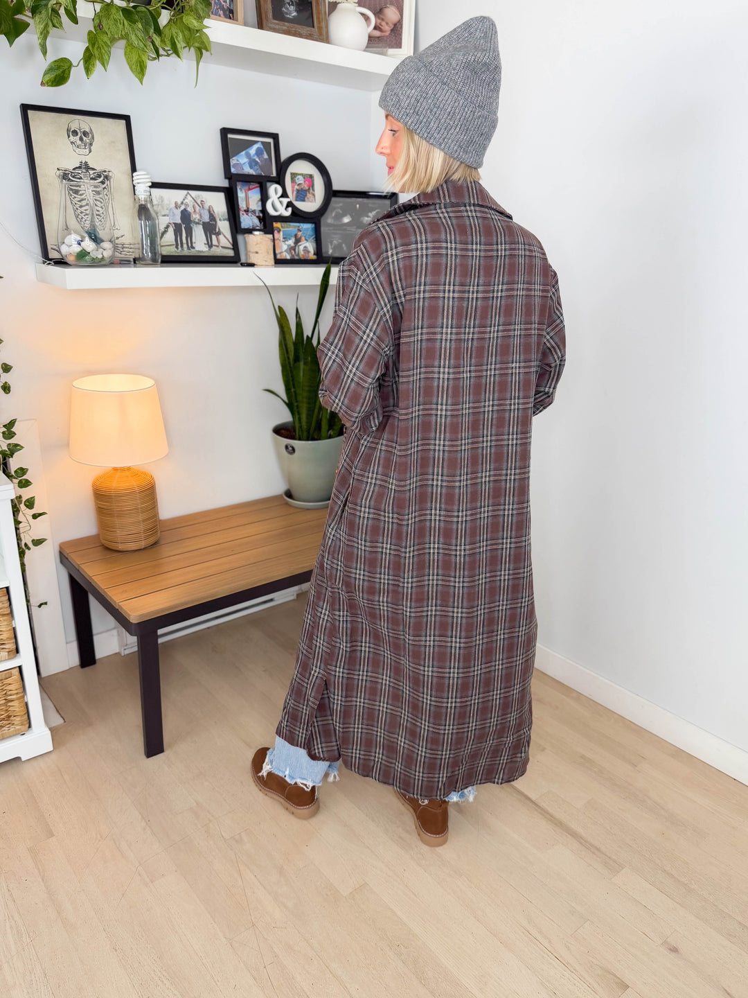 Jovie Plaid Duster- BROWN CREAM & BLUE PLAID