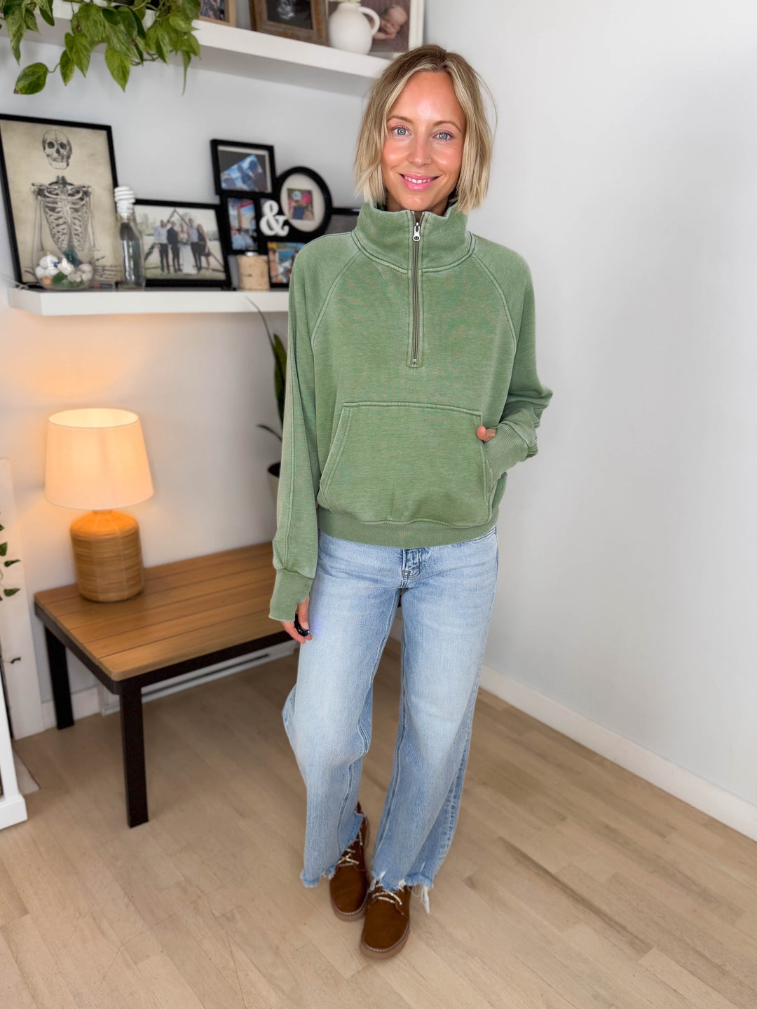 Drew Washed 1/2 Zip Sweatshirt- SAGE