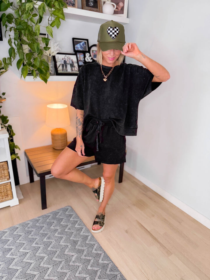 Checkered Heart Patch Trucker Hat- OLIVE GREEN