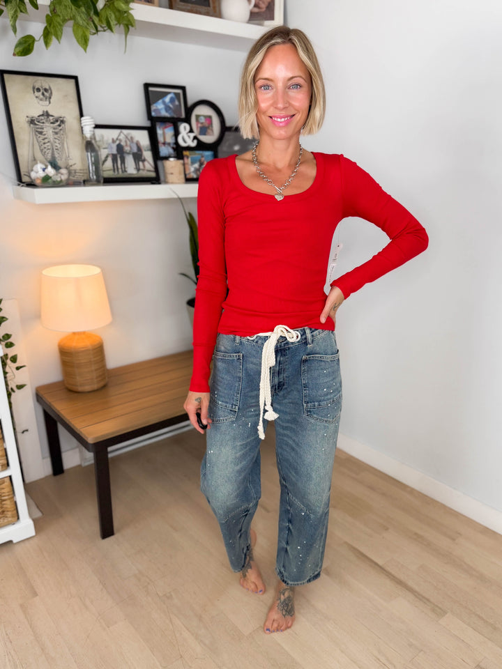Mono B Linley Micro Ribbed Long Sleeve- SMITTEN CHERRY