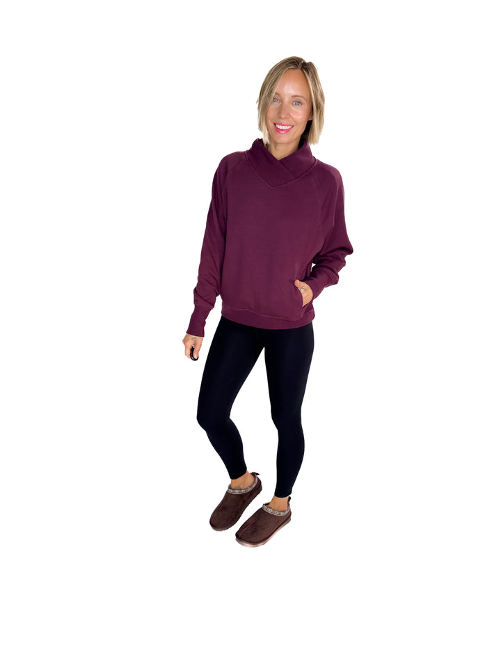 MONO B Heartline Fleece Mock Neck Sweater- DARK PLUM