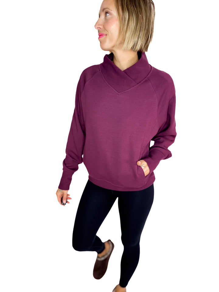 MONO B Heartline Fleece Mock Neck Sweater- DARK PLUM