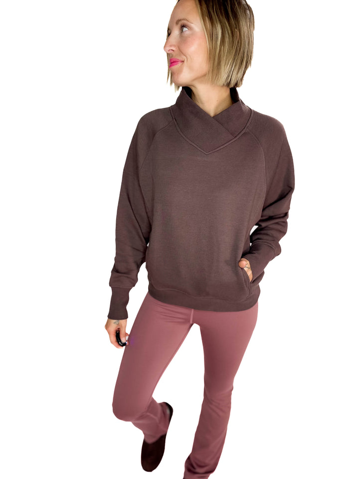 MONO B Heartline Fleece Mock Neck Sweater- ESPRESSO