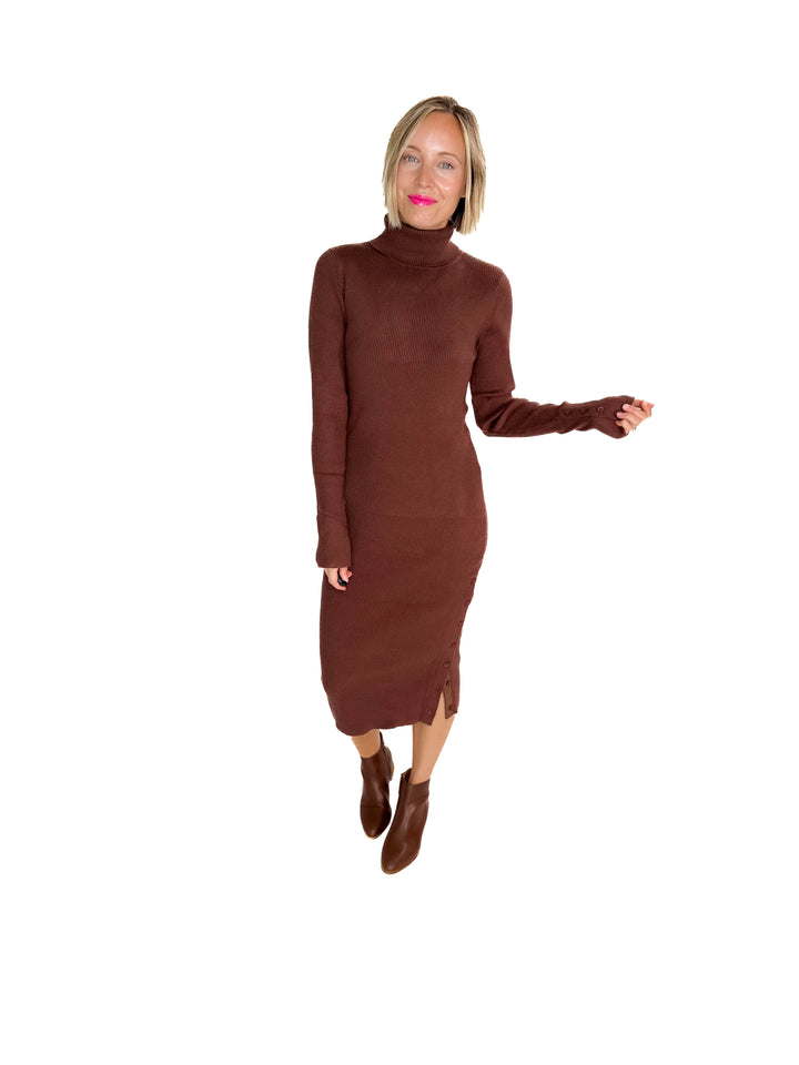 Trudee Turtleneck Midi Dress- BROWN