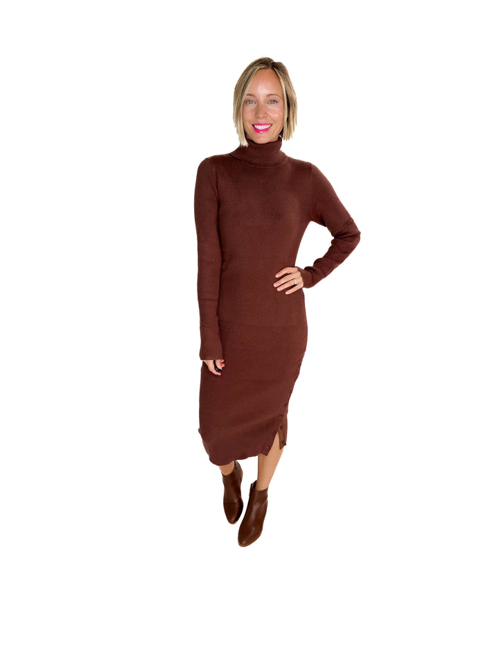 Trudee Turtleneck Midi Dress- BROWN
