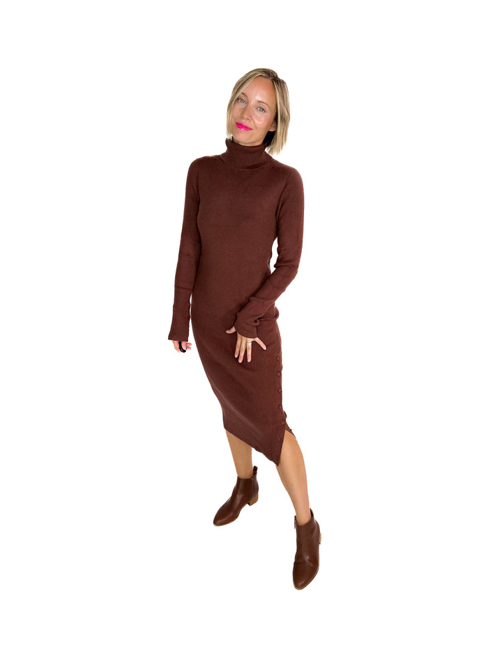Trudee Turtleneck Midi Dress- BROWN