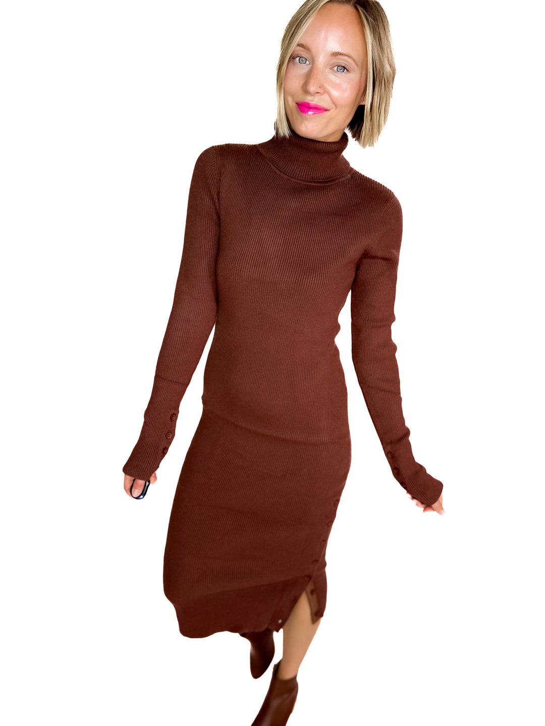 Trudee Turtleneck Midi Dress- BROWN