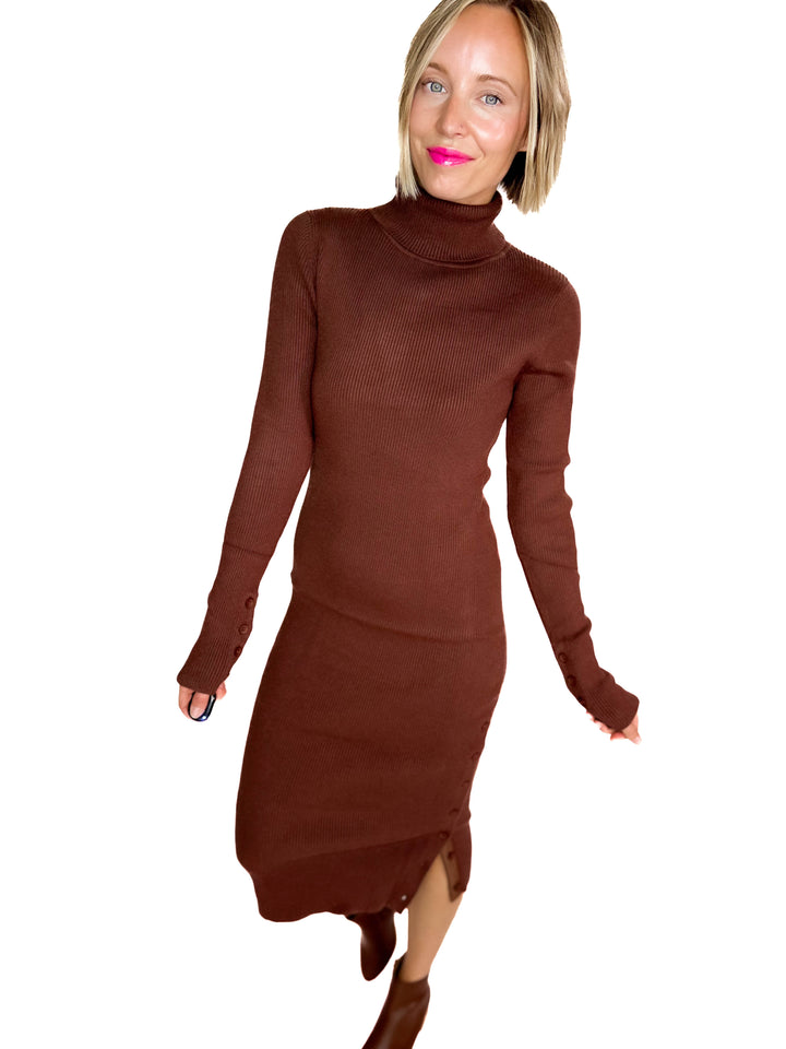 Trudee Turtleneck Midi Dress- BROWN