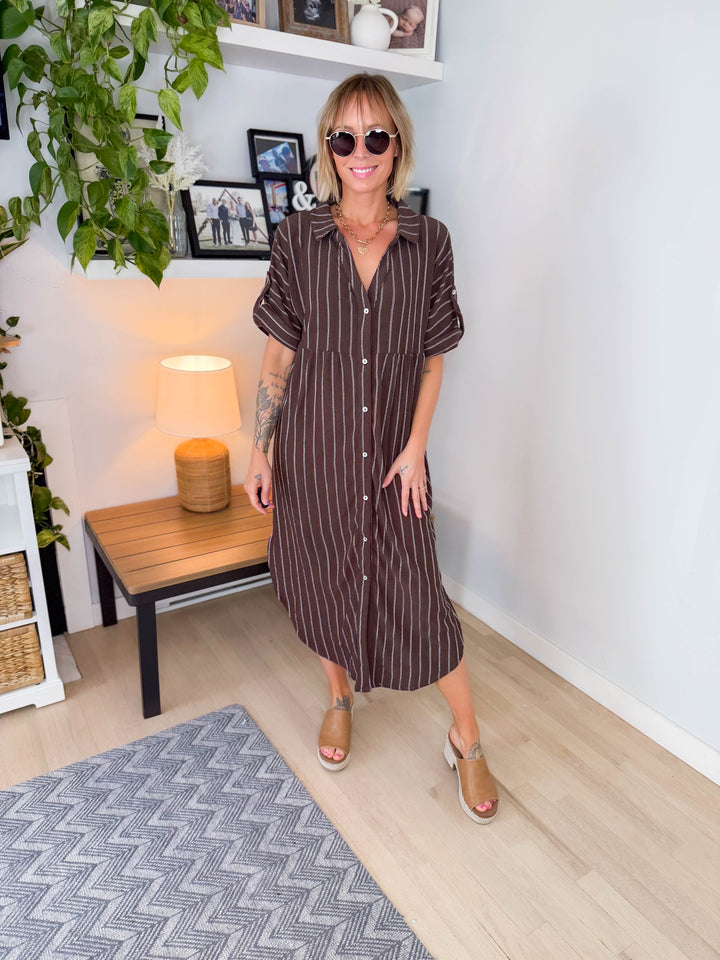 Naomi Button Down Midi Dress- CHOCOLATE