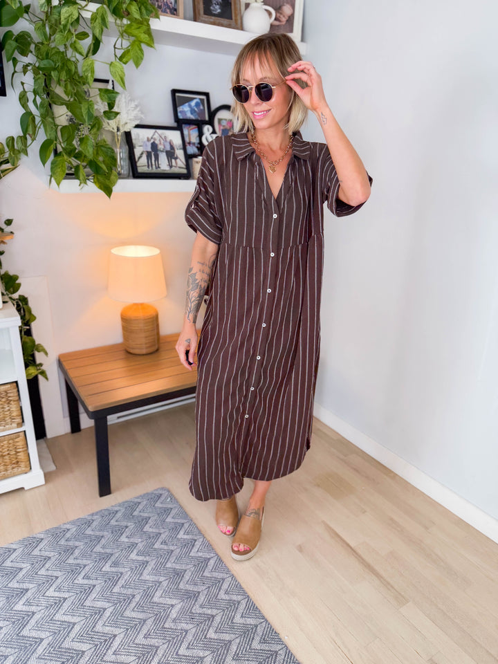Naomi Button Down Midi Dress- CHOCOLATE
