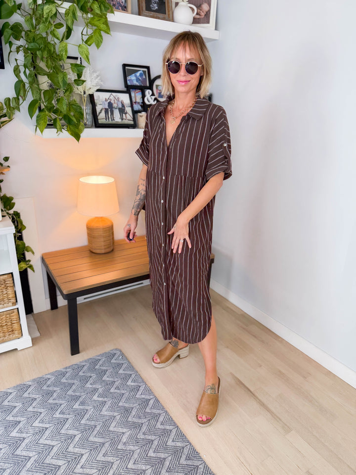 Naomi Button Down Midi Dress- CHOCOLATE