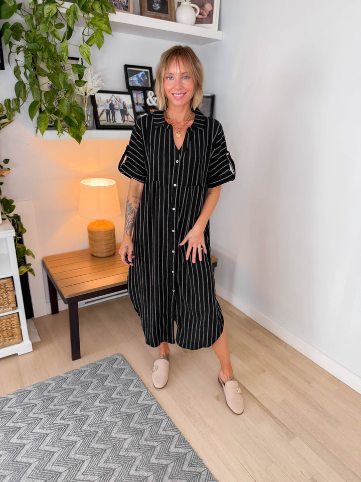 Naomi Button Down Midi Dress- BLACK