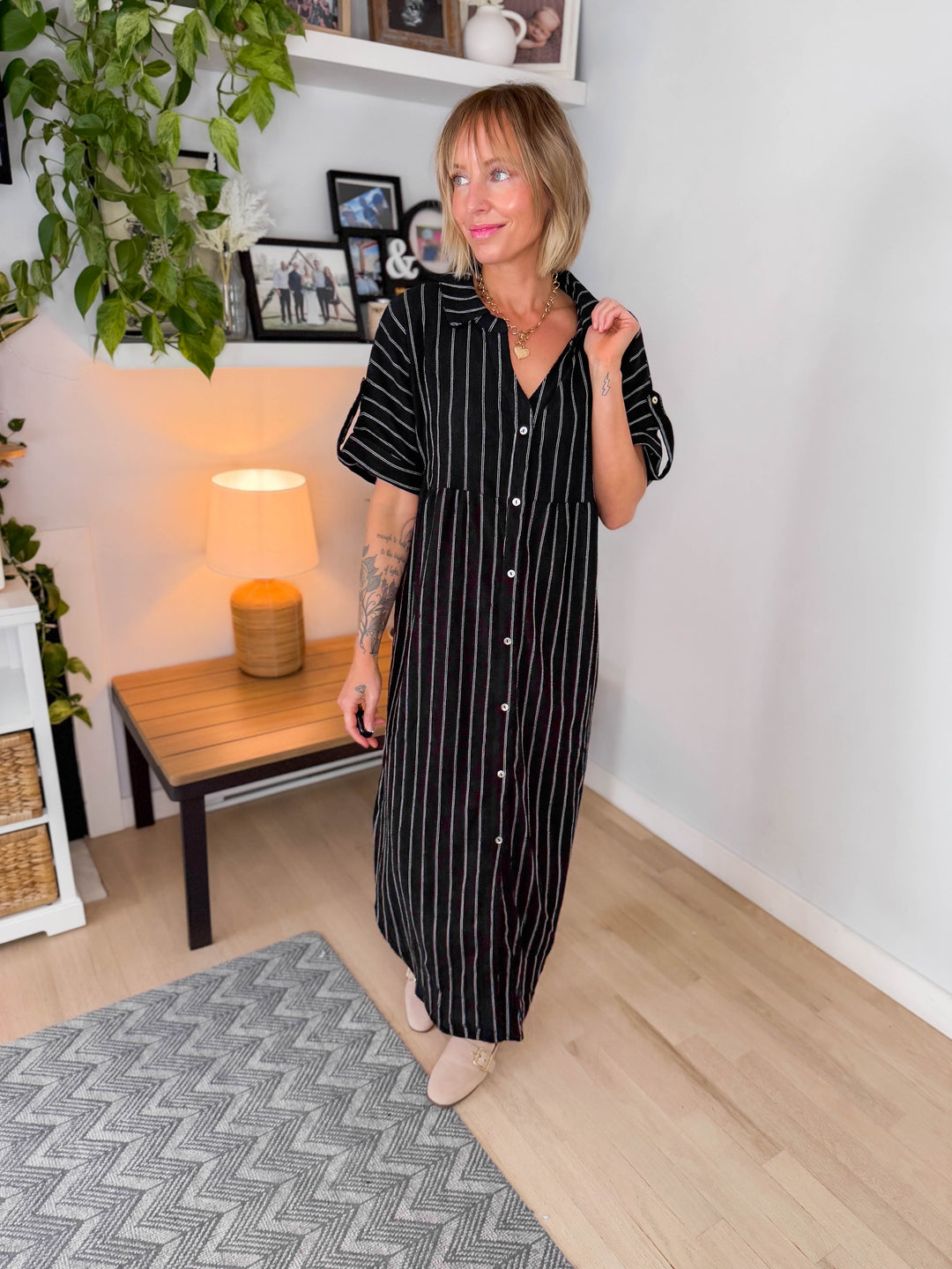 Naomi Button Down Midi Dress- BLACK