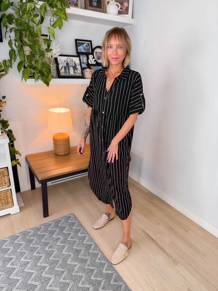 Naomi Button Down Midi Dress- BLACK