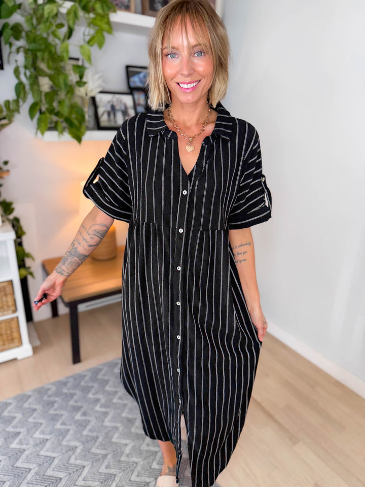 Naomi Button Down Midi Dress- BLACK