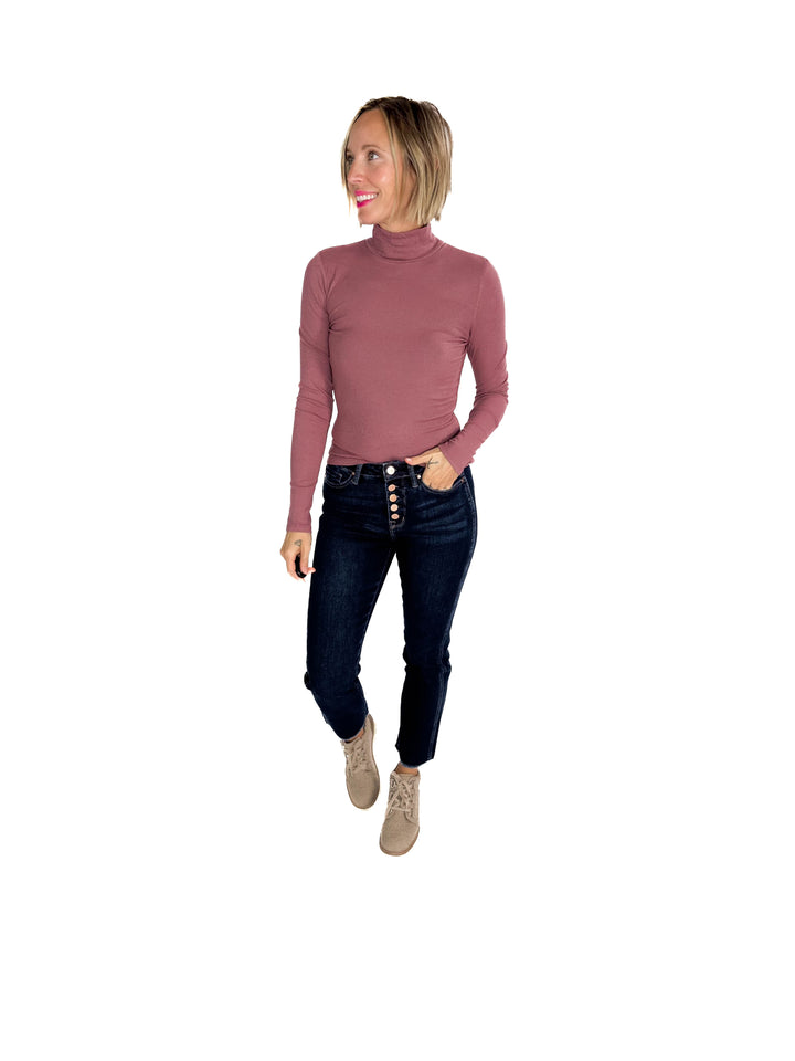 MONO B Linley Ribbed Mock Neck- ROSE TAUPE