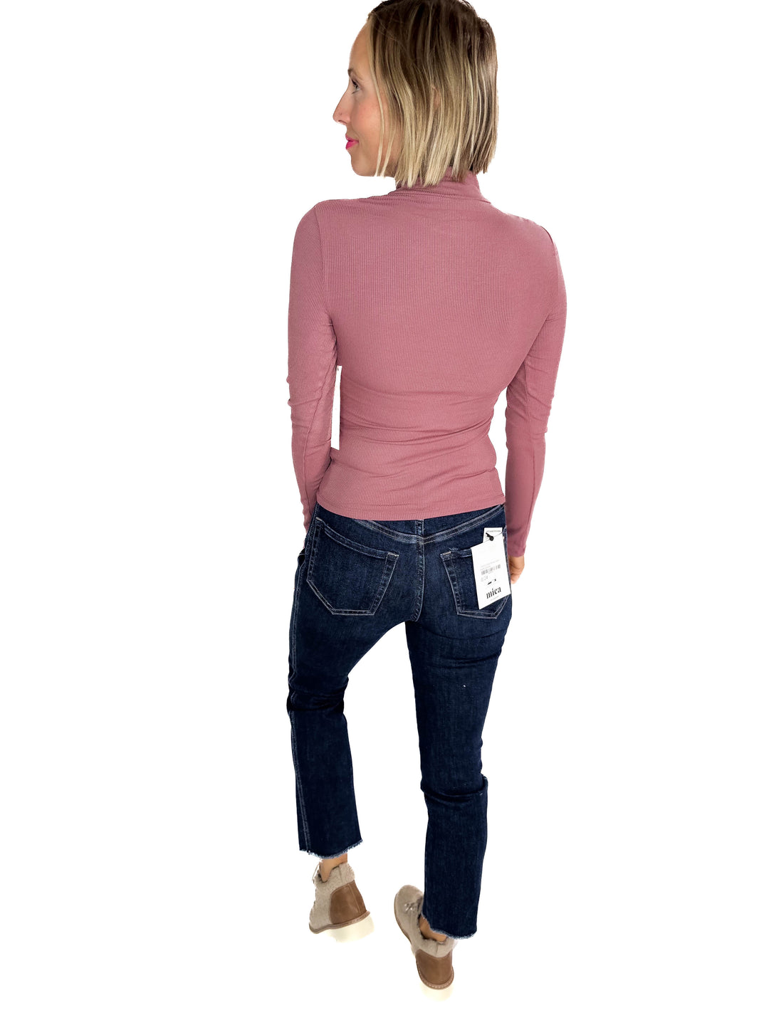 MONO B Linley Ribbed Mock Neck- ROSE TAUPE