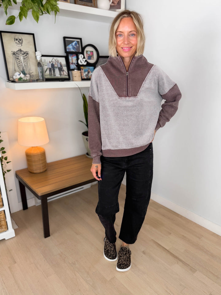 Jordana Mixed Fleece 1/4 Zip Sweatshirt- BROWN