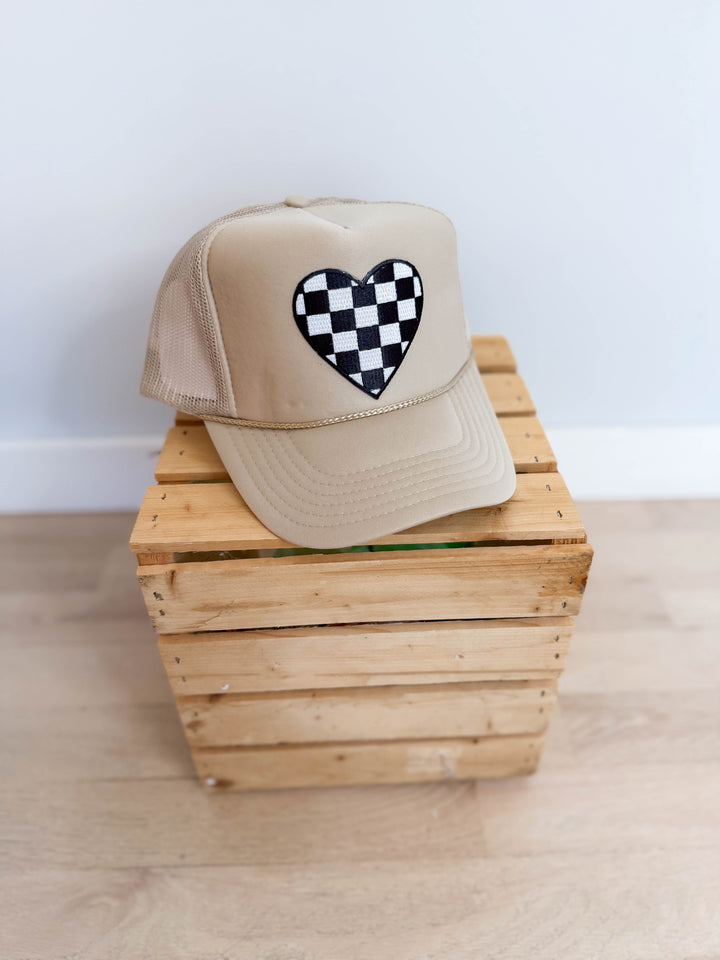 Checkered Heart Patch Trucker Hat- KHAKI