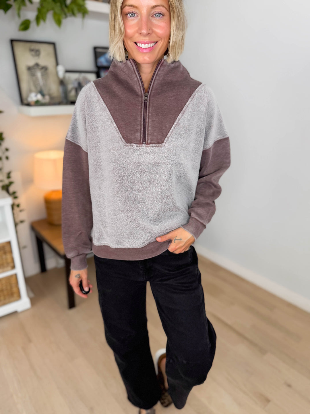 Jordana Mixed Fleece 1/4 Zip Sweatshirt- BROWN
