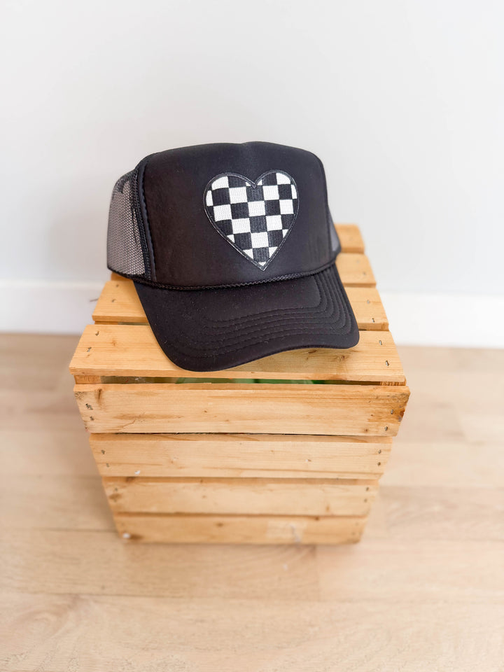 Checkered Heart Patch Trucker Hat- BLACK
