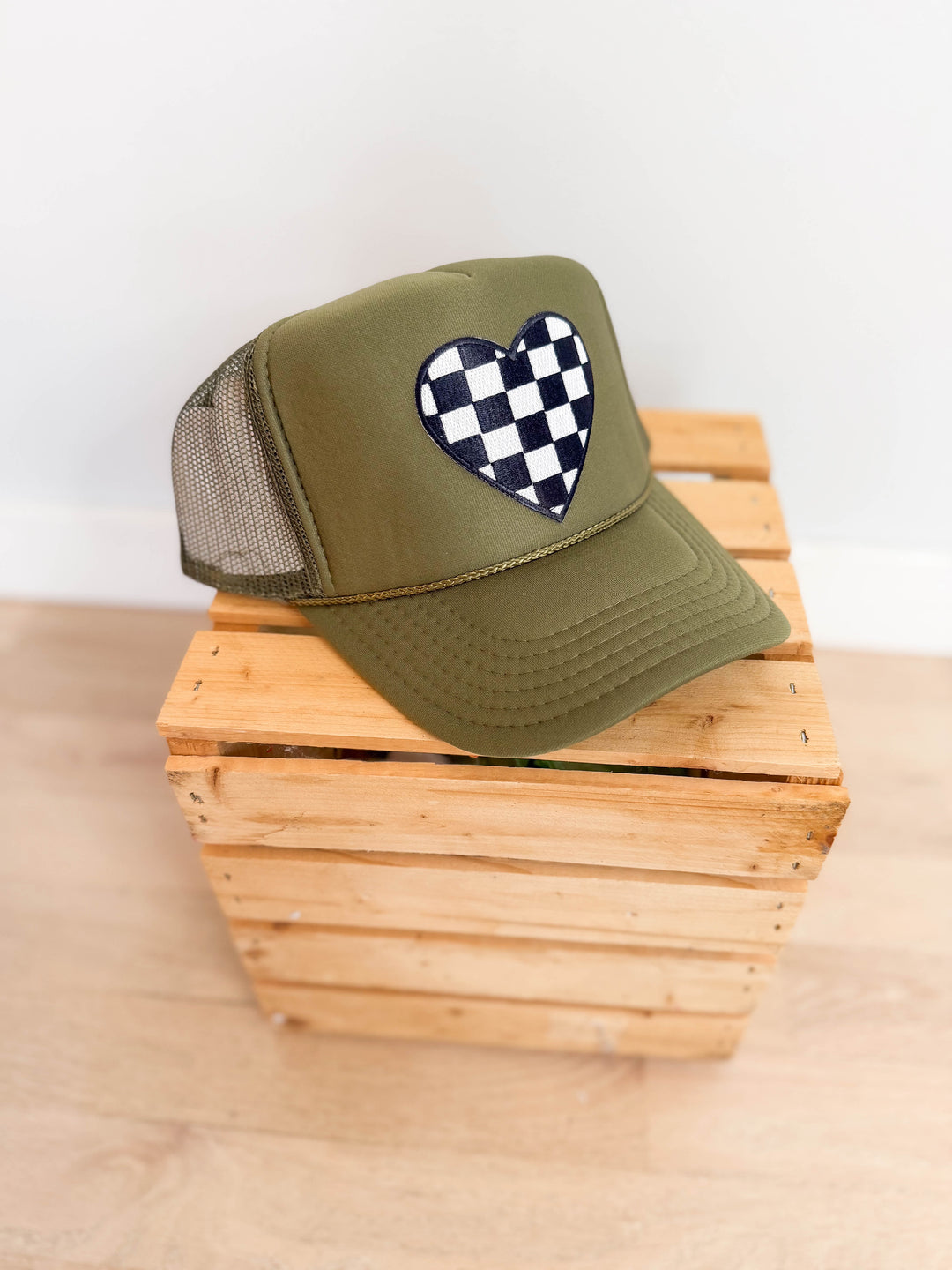 Checkered Heart Patch Trucker Hat- OLIVE GREEN