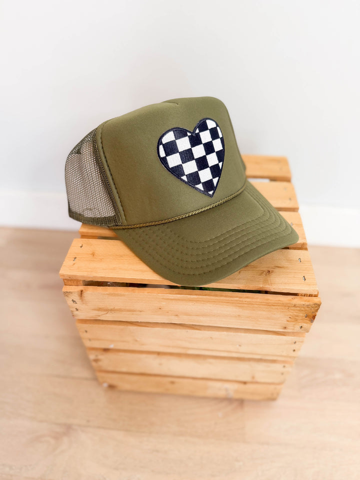 Checkered Heart Patch Trucker Hat- OLIVE GREEN