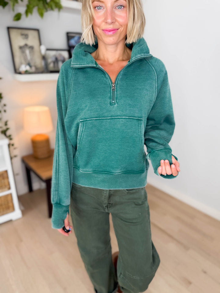 Drew Washed 1/4 Zip Sweatshirt- TEAL GREEN