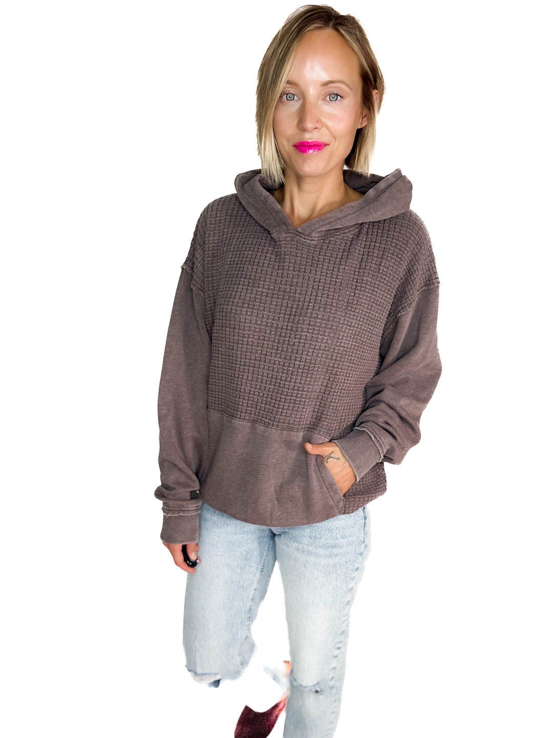 MONO B Chestnut Waffle Hoodie- ESPRESSO