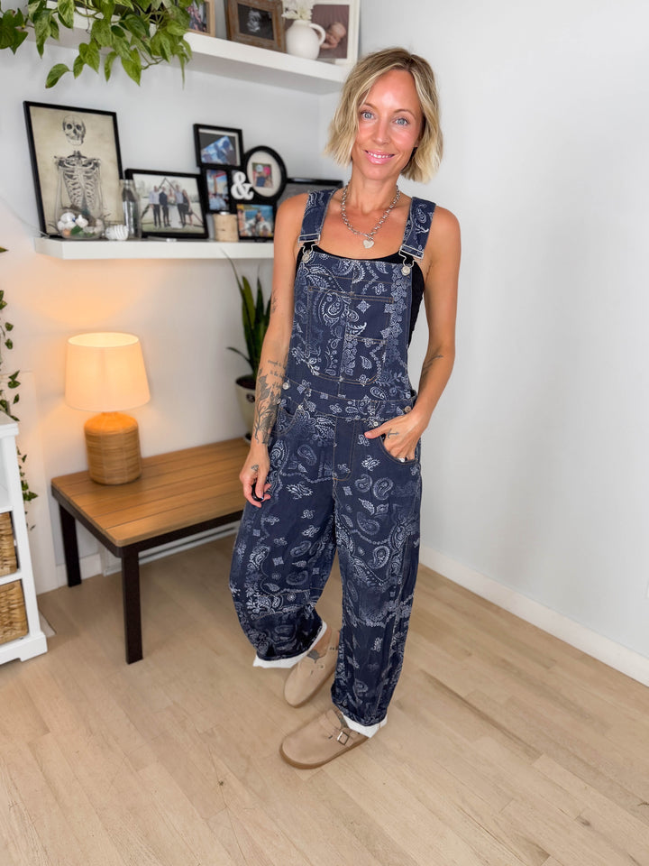 Lettie Paisley Print Barrel Overalls- MIDNIGHT