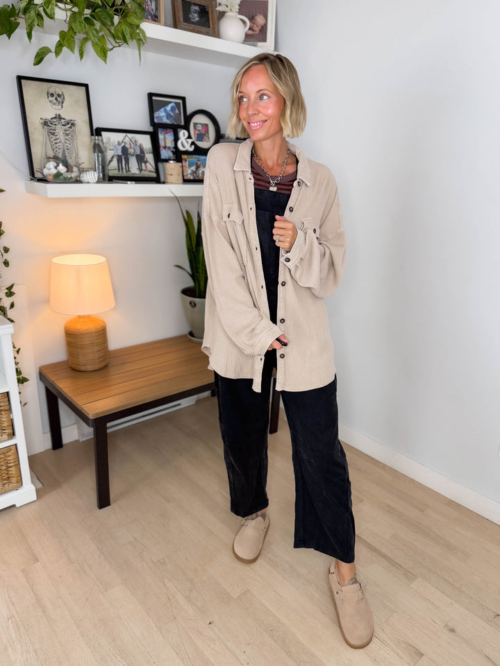 Ivy Waffle Shacket- DARK TAUPE