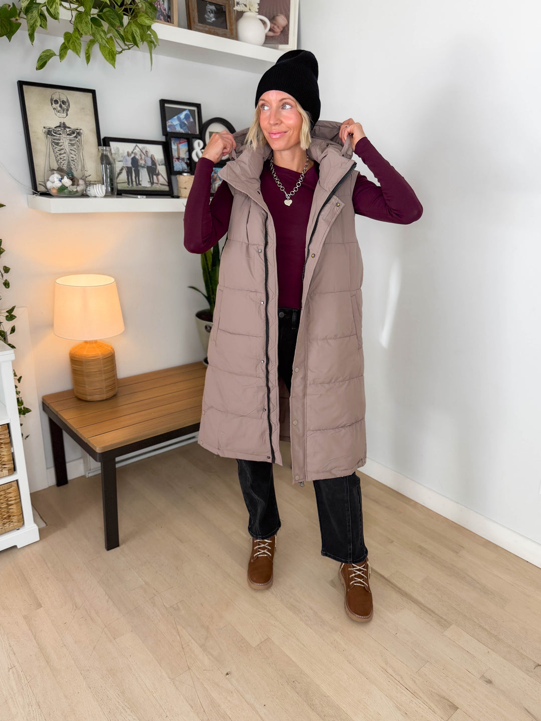 Twilight Long Line Quilted Puffer Vest- LATTE