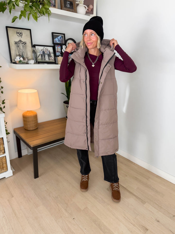 Twilight Long Line Quilted Puffer Vest- LATTE