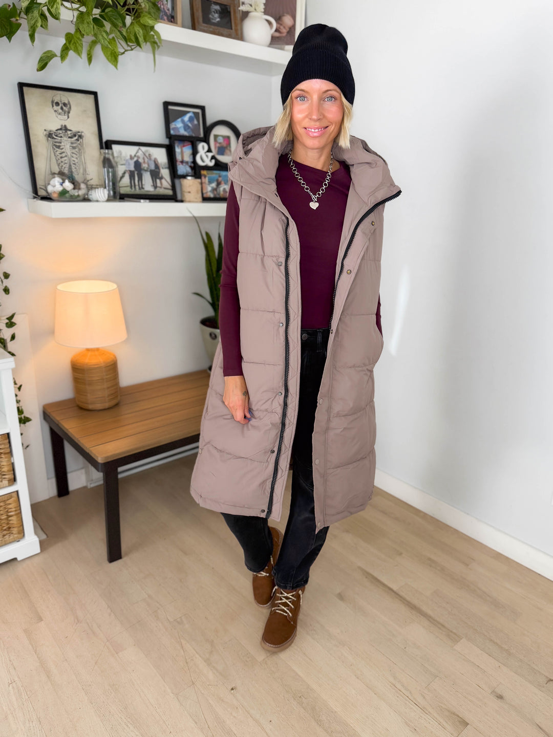 Twilight Long Line Quilted Puffer Vest- LATTE