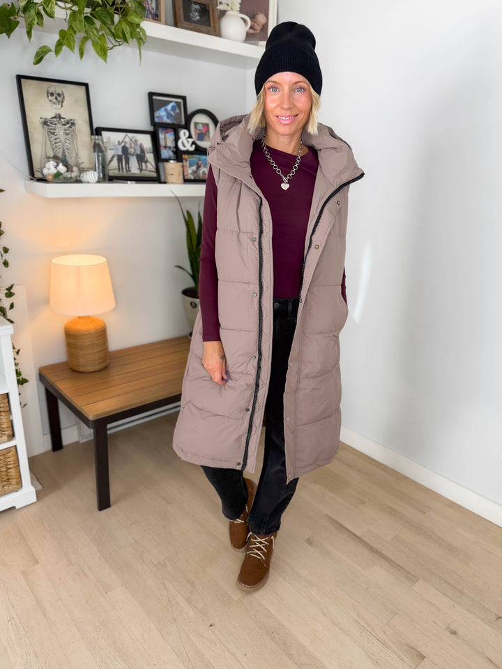 Twilight Long Line Quilted Puffer Vest- LATTE