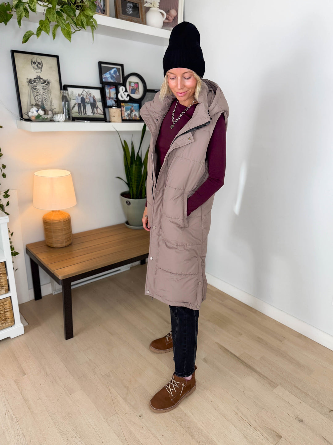 Twilight Long Line Quilted Puffer Vest- LATTE