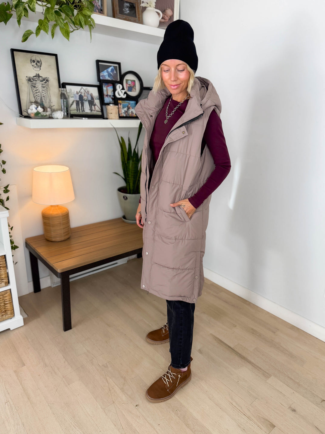 Twilight Long Line Quilted Puffer Vest- LATTE