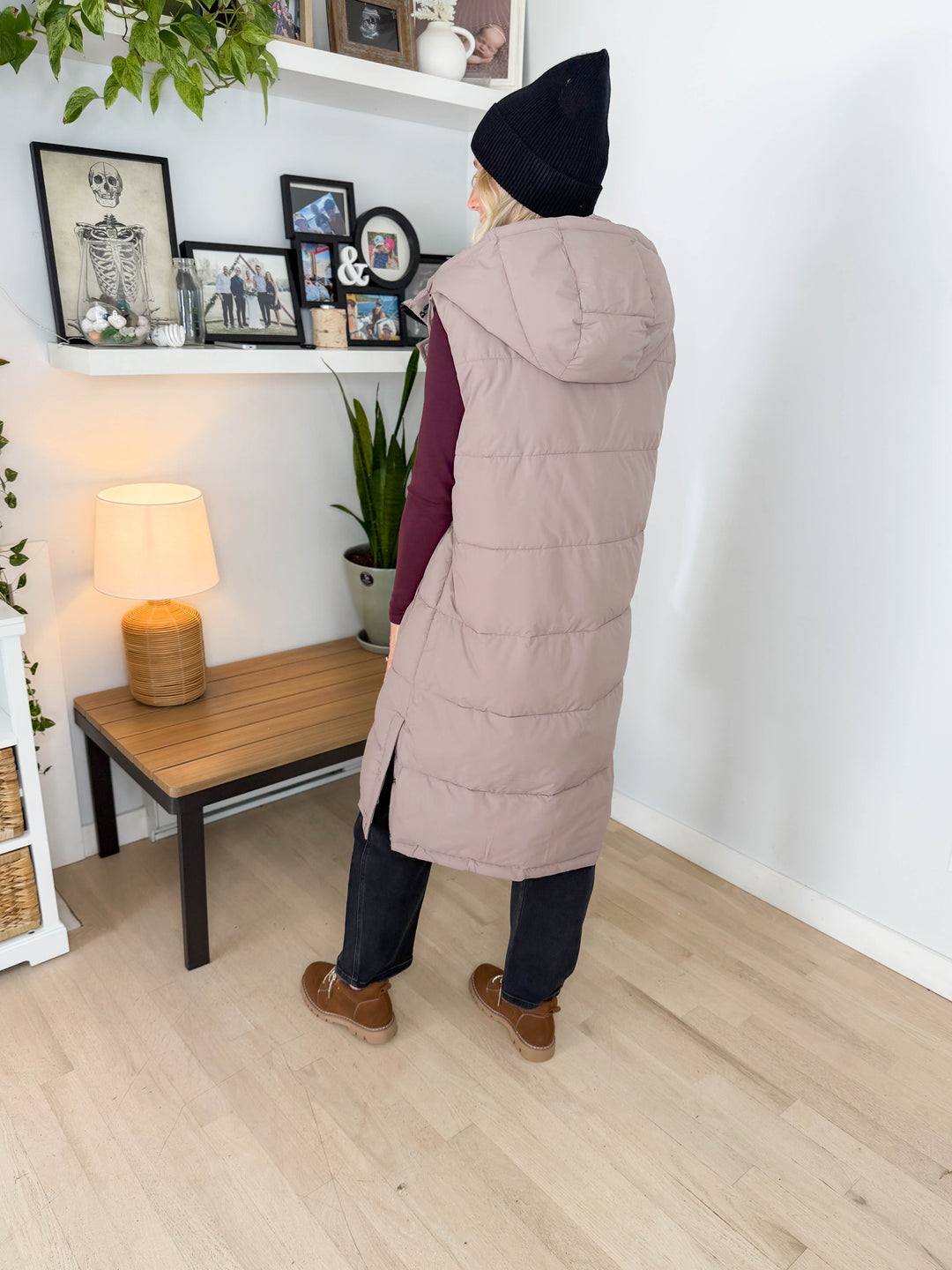 Twilight Long Line Quilted Puffer Vest- LATTE