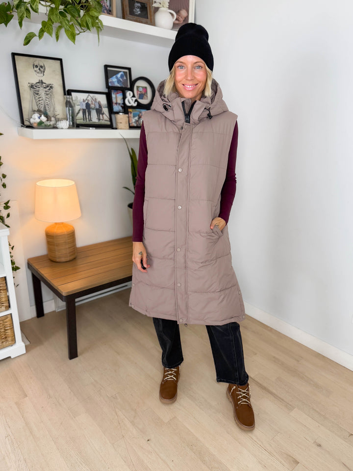 Twilight Long Line Quilted Puffer Vest- LATTE
