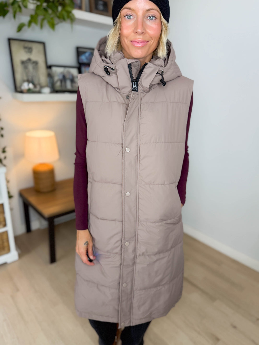 Twilight Long Line Quilted Puffer Vest- LATTE